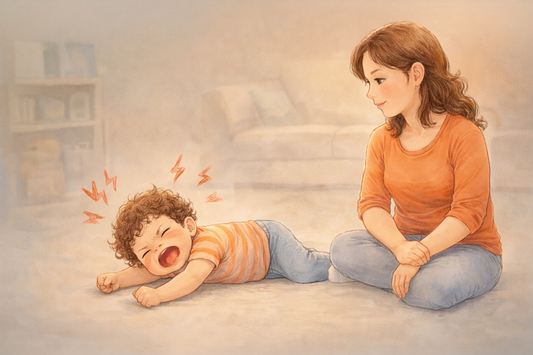 Toddler lying on the floor having a tantrum while a calm parent sits nearby and supports the child