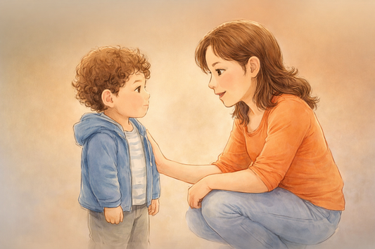 Parent kneeling and talking gently with young child to encourage cooperation