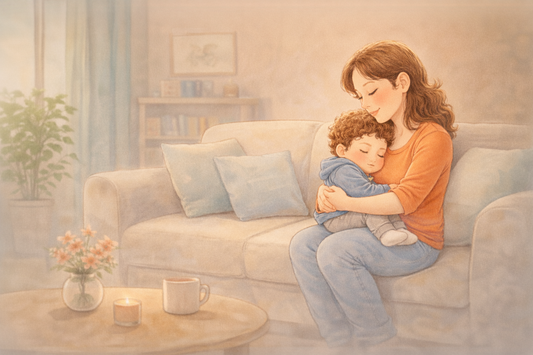 Parent sitting calmly with child in a peaceful home environment creating a sense of safety and calm