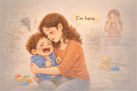Parent gently hugging and comforting a young child during an emotional meltdown to help the child feel safe and calm