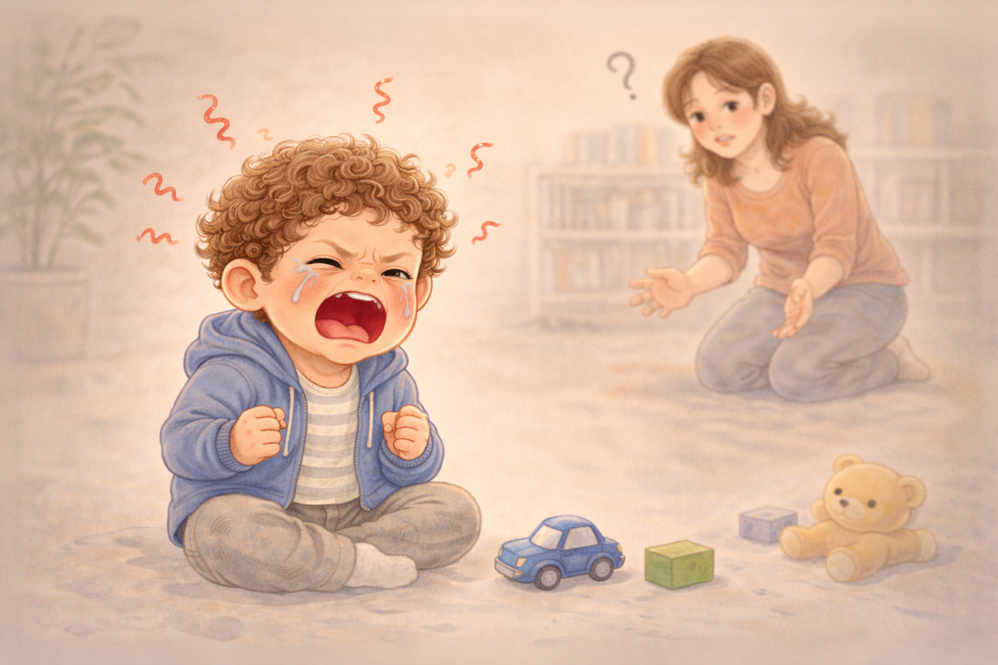 Young child reacting with big emotions to a small everyday problem while a parent observes and tries to understand