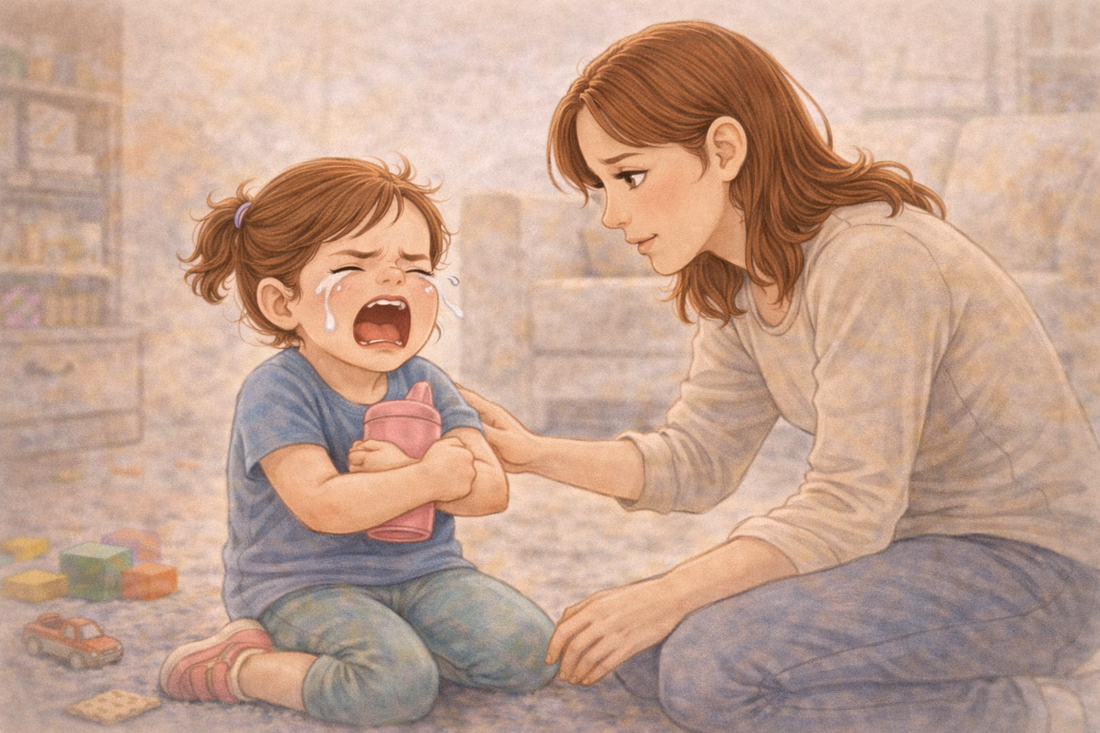 Child crying intensely over something small while parent offers calm support