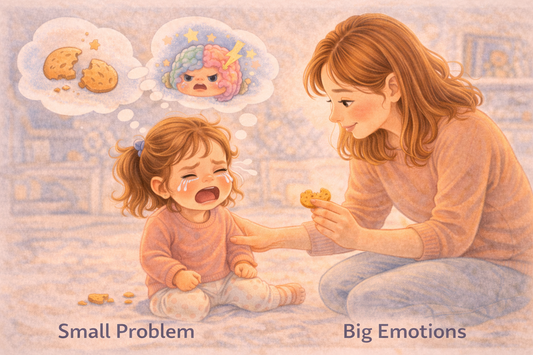 Illustration of a young child crying over a small problem while a parent calmly comforts and helps the child understand big emotions.