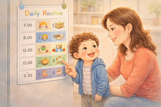 Parent showing a young child a daily routine chart to help create structure and a sense of safety