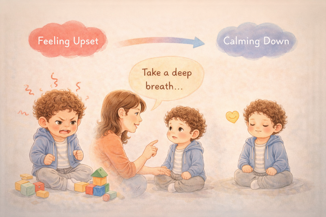 Parent helping a young child calm down and regulate emotions by encouraging deep breathing