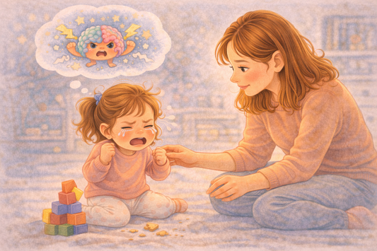 Illustration of a young child feeling frustrated when a task doesn’t work while a parent calmly helps the child manage their emotions.