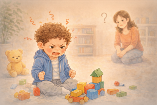 Young child sitting on the floor becoming frustrated while trying to build with toy blocks as a parent watches nearby