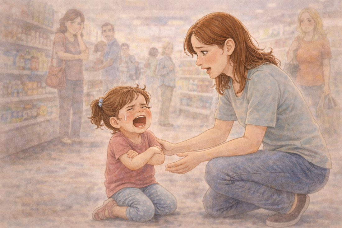 Child having a meltdown in a grocery store while parent calmly offers support