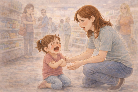 Child having a meltdown in a grocery store while parent calmly offers support
