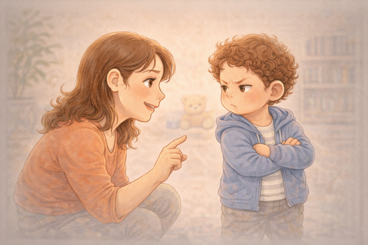 Parent kneeling at eye level while calmly talking to a child who is refusing to listen