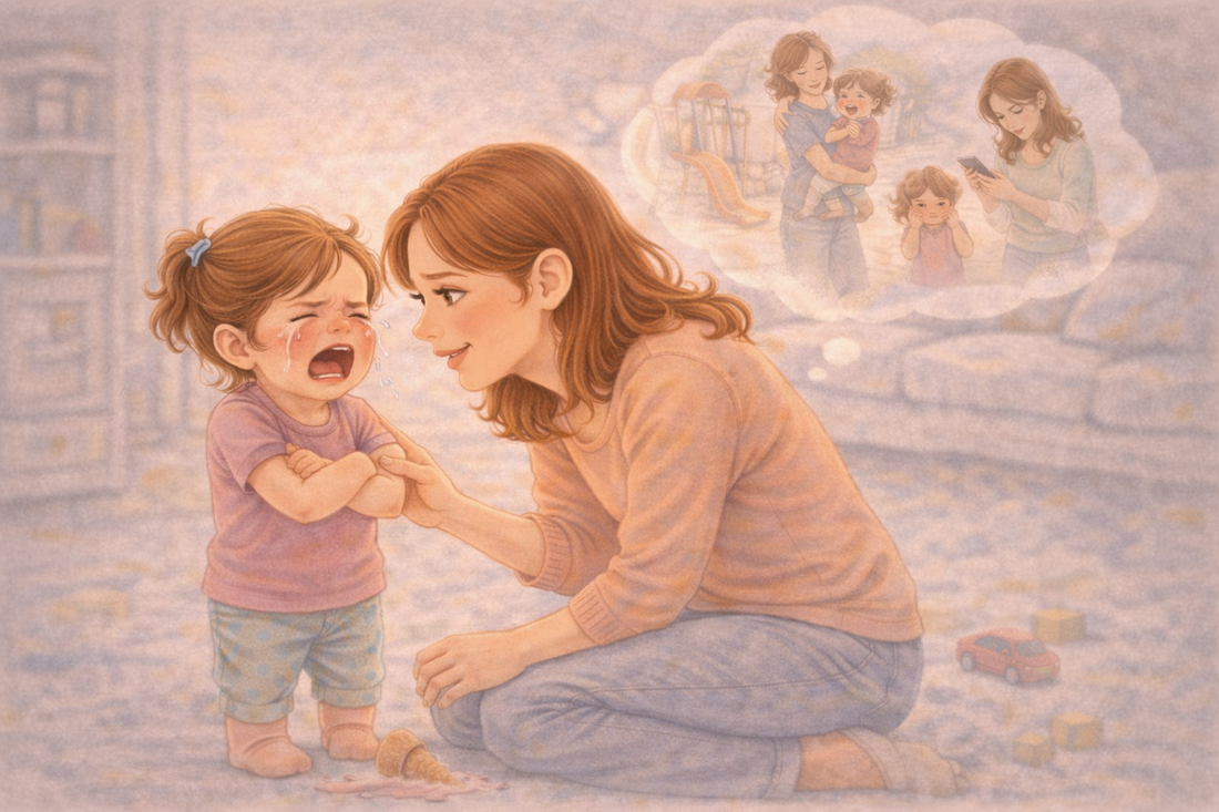 Child overreacting to a small problem while parent responds with understanding and emotional support