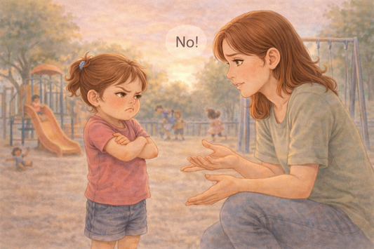 Child refusing to leave playground while parent calmly encourages transition
