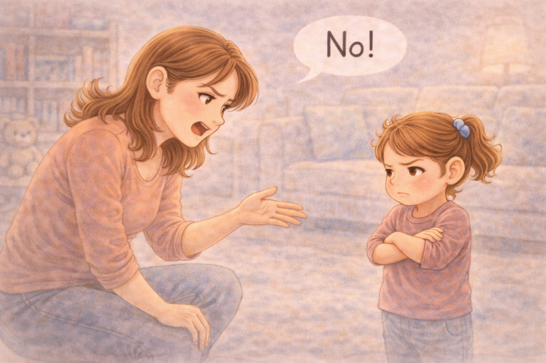 Child saying no with crossed arms while parent responds calmly and tries to communicate