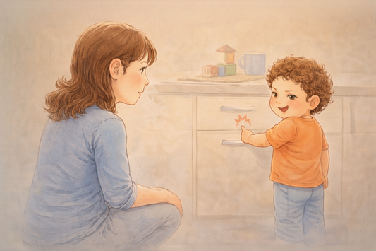 Young child looking back at parent while testing boundaries by touching a kitchen drawer as the parent watches calmly