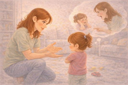 Parent calmly talking to child who is not listening, using gentle communication instead of yelling