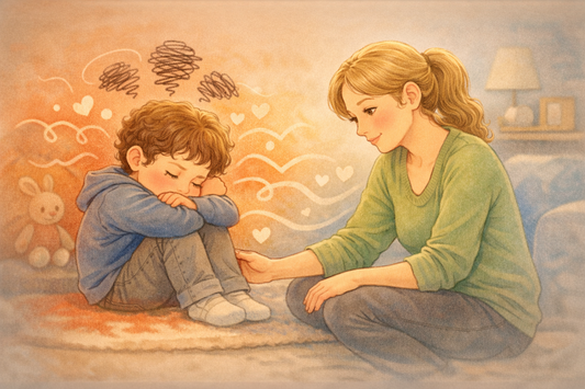 Parent helping a young child calm down through co-regulation, showing emotional support and connection.