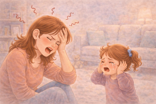 Parent feeling overwhelmed and close to yelling while child is upset, showing emotional stress in parenting