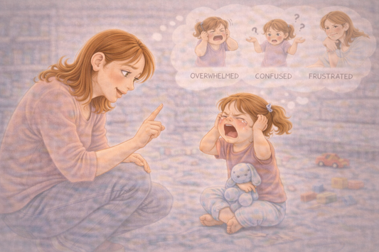 Parent supporting a highly emotional child and helping them regulate their feelings without raising their voice