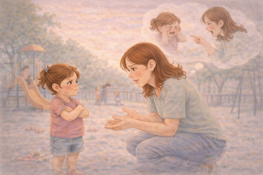 Parent calmly talking to a young child who looks upset and closed off during a difficult moment