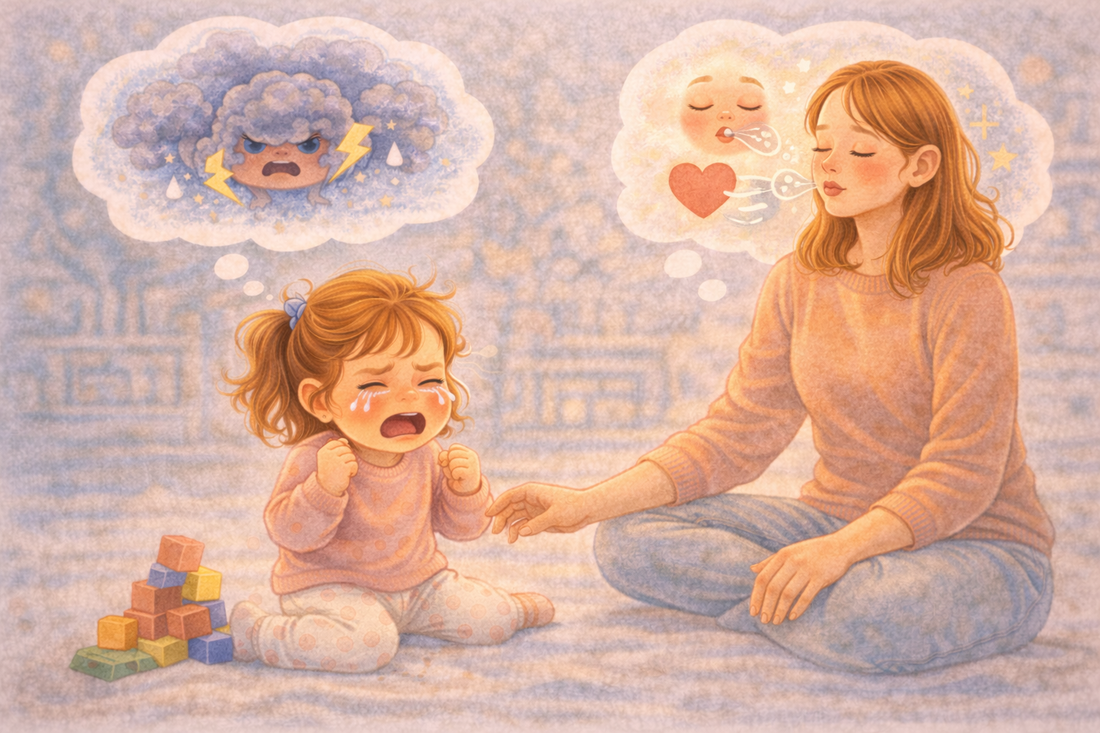 Illustration of a parent calmly helping a young child regulate big emotions during a moment of frustration.