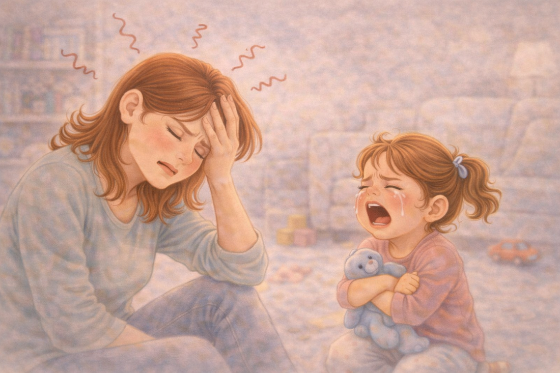 Mother feeling overwhelmed while her young child cries, showing a moment after losing patience