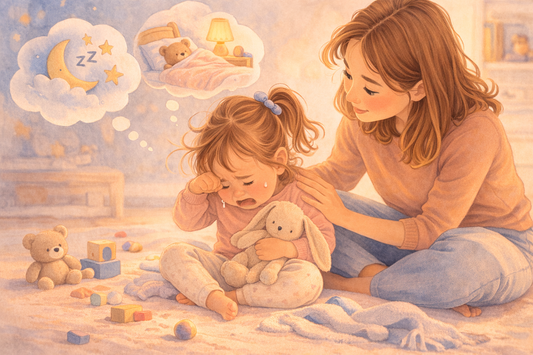 Illustration of a tired toddler girl having a tantrum while her mother calmly comforts her before bedtime.