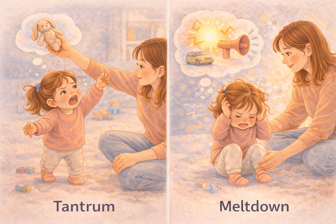 Illustration showing the difference between a toddler tantrum and a toddler meltdown while a parent calmly supports the child.