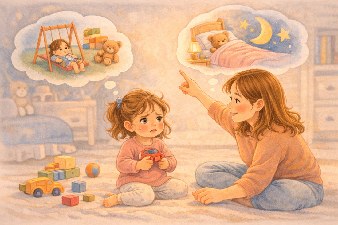 Illustration of a toddler girl having a tantrum before bedtime while her mother calmly guides her toward sleep.