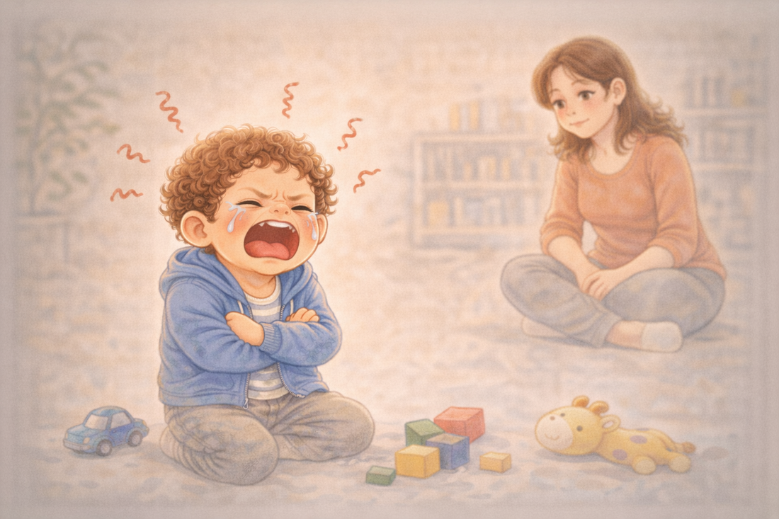 Toddler sitting on the floor crying during a tantrum while a calm parent watches and gives the child space