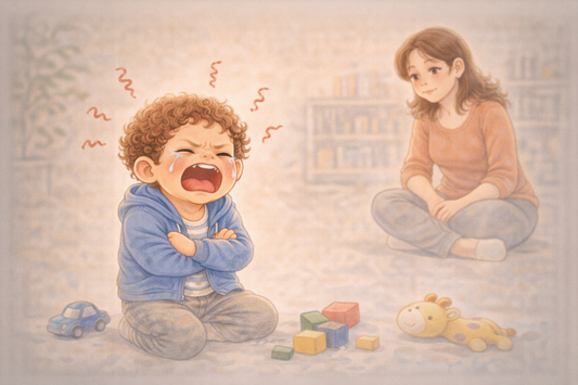 Toddler sitting on the floor crying during a tantrum while a calm parent watches and gives the child space