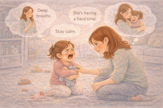 Parent staying calm while handling toddler tantrum with patience and emotional support