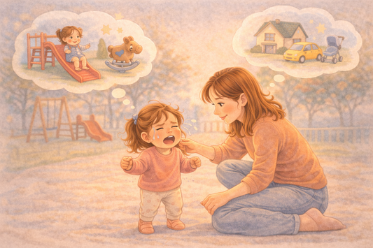 Illustration of a toddler having a tantrum when leaving the playground while a parent calmly helps the child transition.