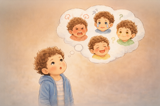 Young child thinking about different emotions like anger, sadness, confusion and happiness illustrated in a thought bubble