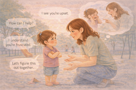 Parent using calm phrases instead of yelling at child, showing gentle communication and emotional support