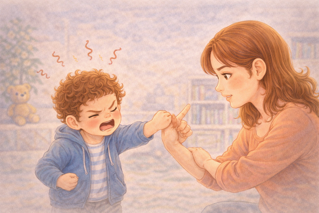 Young child hitting parent while parent responds calmly and gently to manage behavior without yelling
