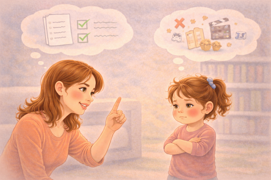 Parent trying to communicate with a child who is not listening, showing challenges with cooperation and attention