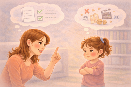 Parent trying to communicate with a child who is not listening, showing challenges with cooperation and attention