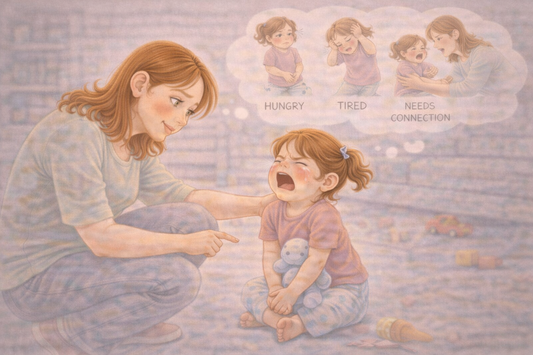 Parent trying to guide a crying child who is overwhelmed and not responding to instructions