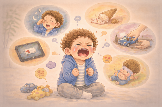 Parent calmly supporting a young child during a tantrum while helping the child feel safe and understood