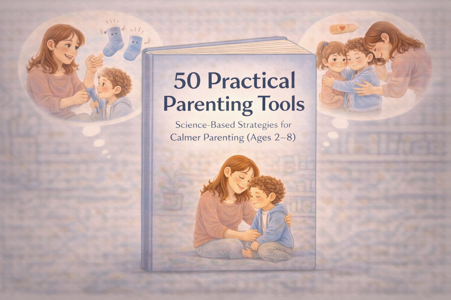 Illustration of a parent comforting a child, representing practical parenting tools for emotional regulation, cooperation, and calmer everyday parenting.