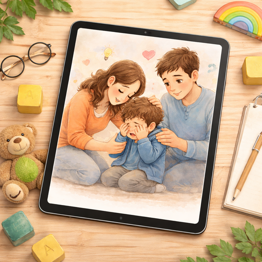 Illustration of parents helping a young child regulate emotions in a calm home environment – science-based parenting guide for children ages 2-8.