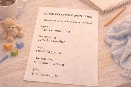 Printable parenting guide what to say instead of yelling shown on table with calm parenting phrases